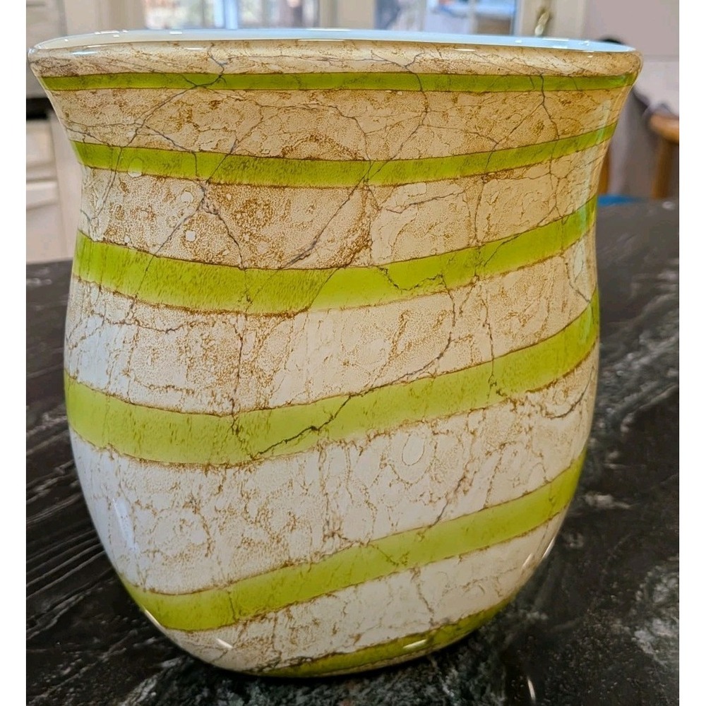 Art Glass Striped Crackle Vase Lime Green Tan White Oval Hand Blown Egypt Asfour